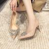 Patent Leather Rhinestone Thin Heel Brown Single Shoes Women's Retro Soft Sole Soft Surface Women's High Heels Summer New Pointed Head Shallow Mouth
