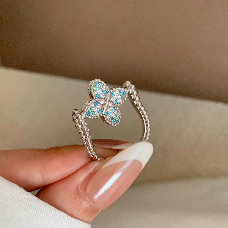 French Light Luxury Retro Design Full Diamond Laser Four-Leaf Clover Ring Bracelet Stud Earrings Necklace Temperament Court Style Set