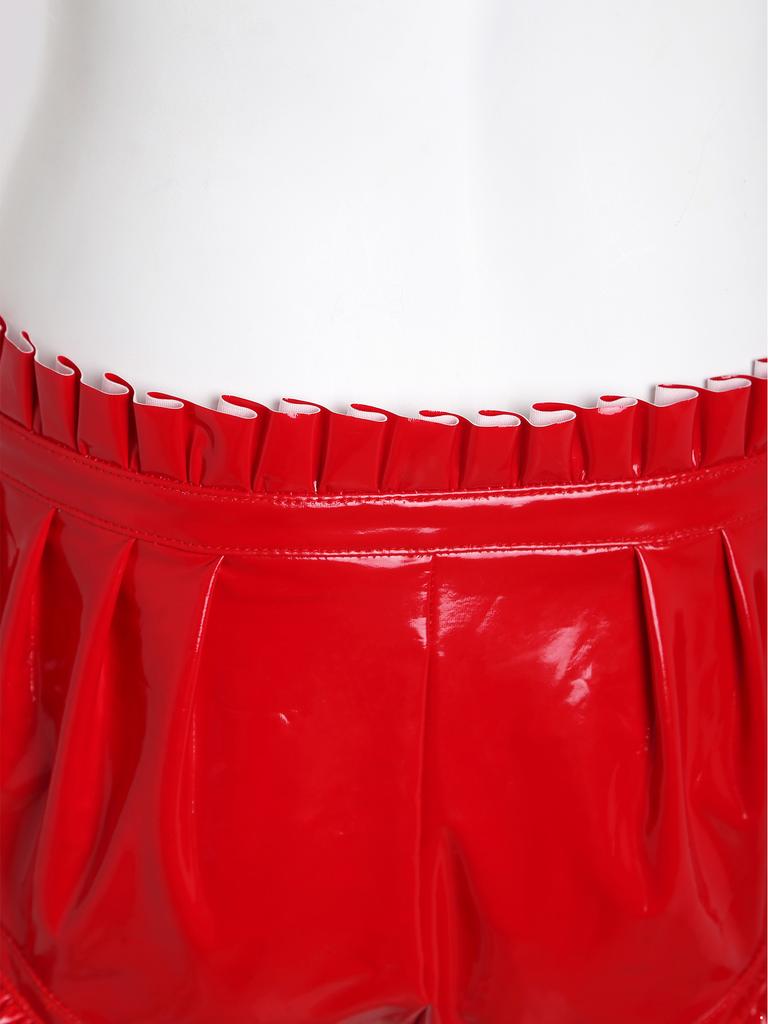 Women's Wet Look PU Leather Briefs S-3XL: Ruffled Trim Ruched Bloomer Shorts with Garter Clips Glossy Nightwear for Nightclub Rave Party