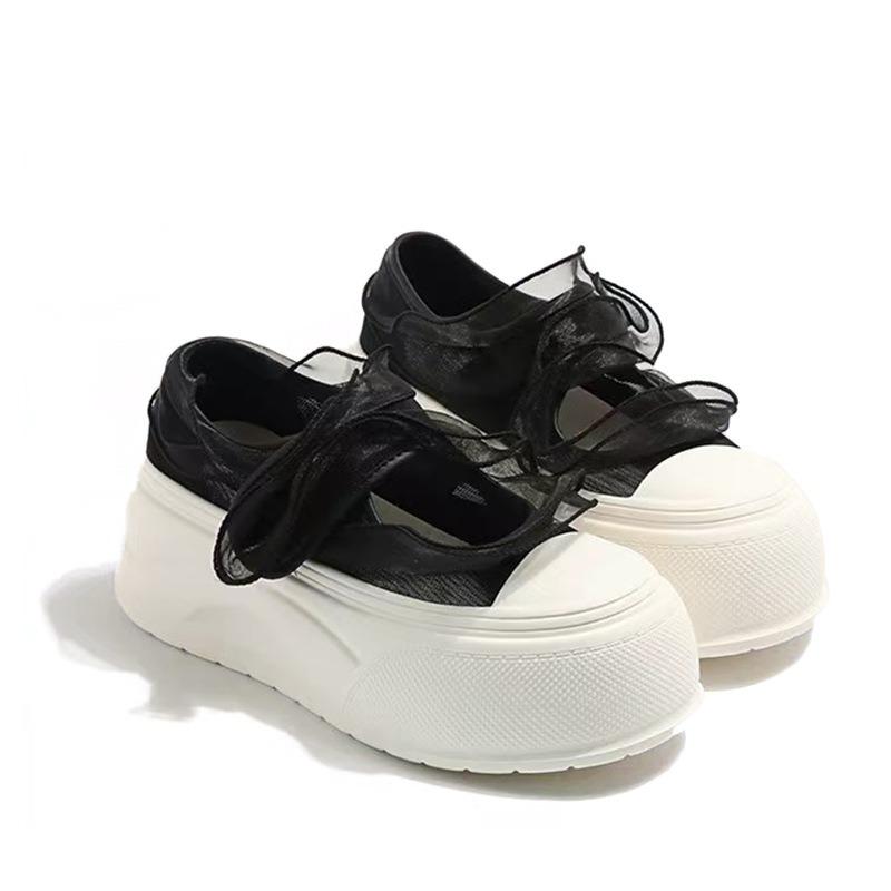 - Lace thick-soled Velcro hollow board shoes 5cm organza atmosphere versatile height-increasing casual shoes