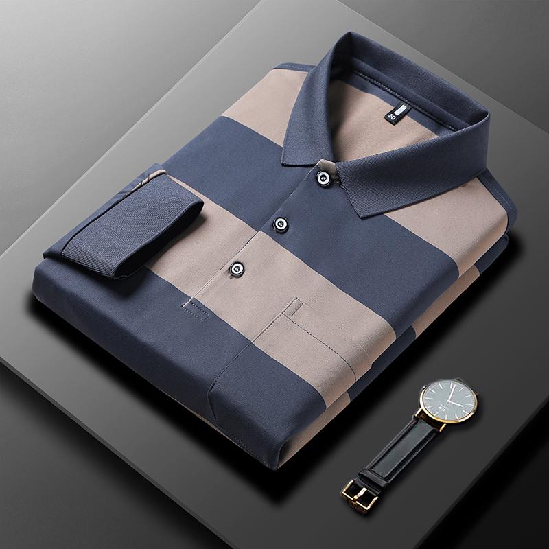 Men's Polo Shirt Lapel Long Sleeve T-Shirt Autumn Contrast Color Striped Pocket Fashion Business Menswear