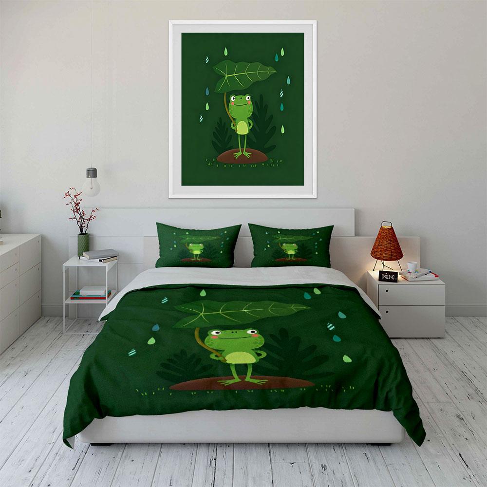 Frog Themed Rainy Day Decor Set Soft Comfortable Duvet Cover Bedding Set Included 1*Duvet Cover & 2*Pillowcases, Gift