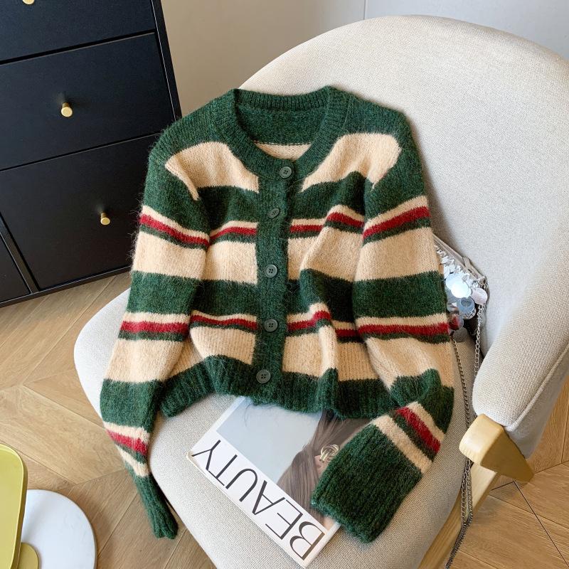 Vintage Color Block Stripe Knit Cardigan: Women's Soft, Thickened Warm Sweater Short Jacket