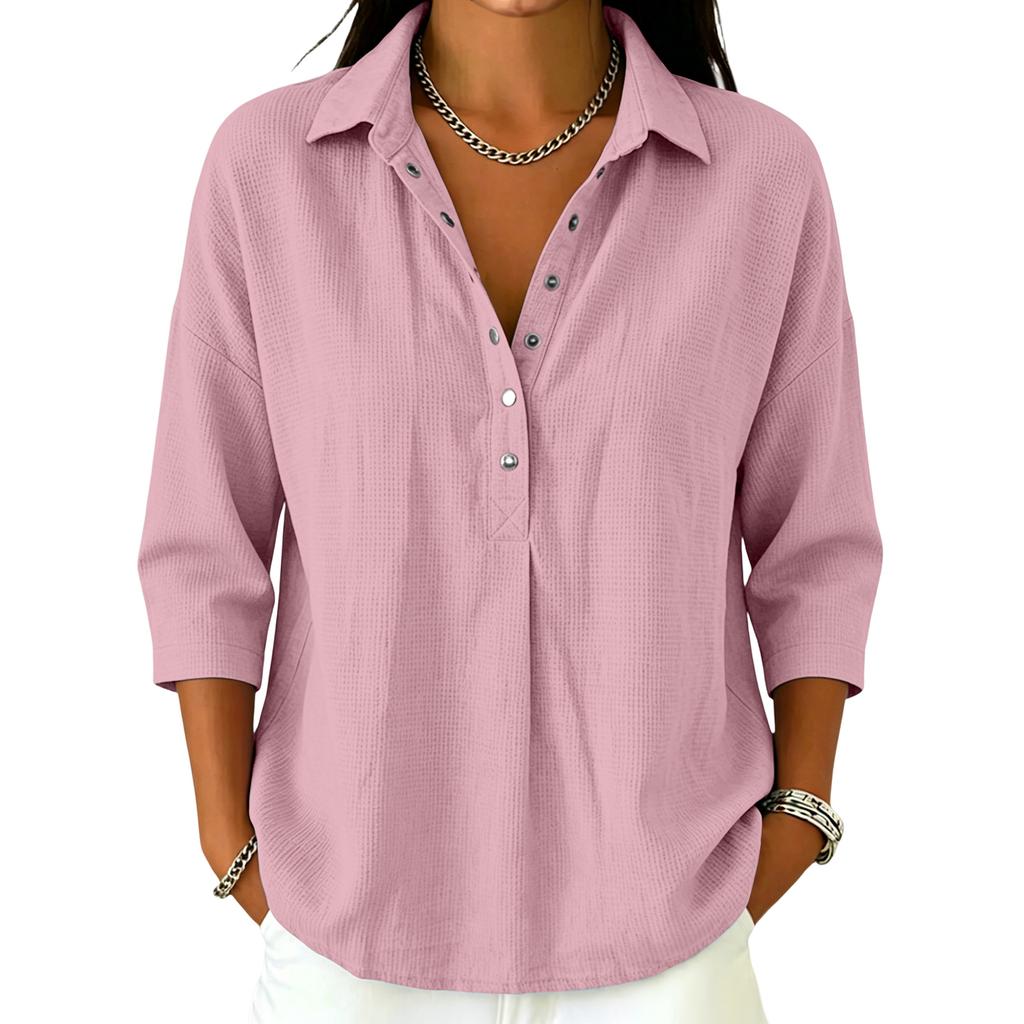 Women's Casual V Neck Button Down Waffle Knit Top Three Quarter Sleeve Relaxed Fit Lightweight Shirt for Everyday Wear