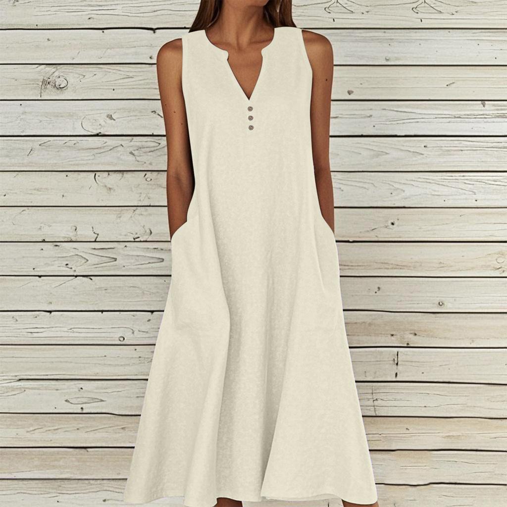 Women's Sleeveless V-Neck Button Front A-Line Dress with Side Pockets in Multiple Colors