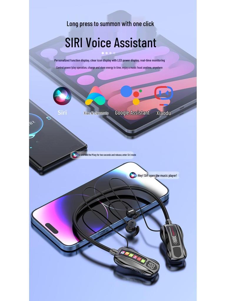 M101S Bluetooth Neckband Earphones with Long Battery, TF Card Support, Karaoke, and Back-In Ear Design.