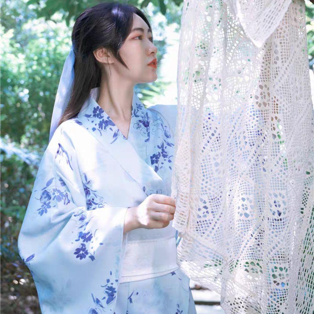 Printed Floral Sakura Girl Kimono Dress Elegance Japanese Style Yukata Bathrobe Party