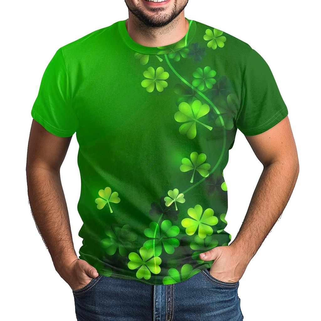 St. Patrick's Adult Green Crew-neck Short-sleeved Printed Green Three-leaf T-shirt