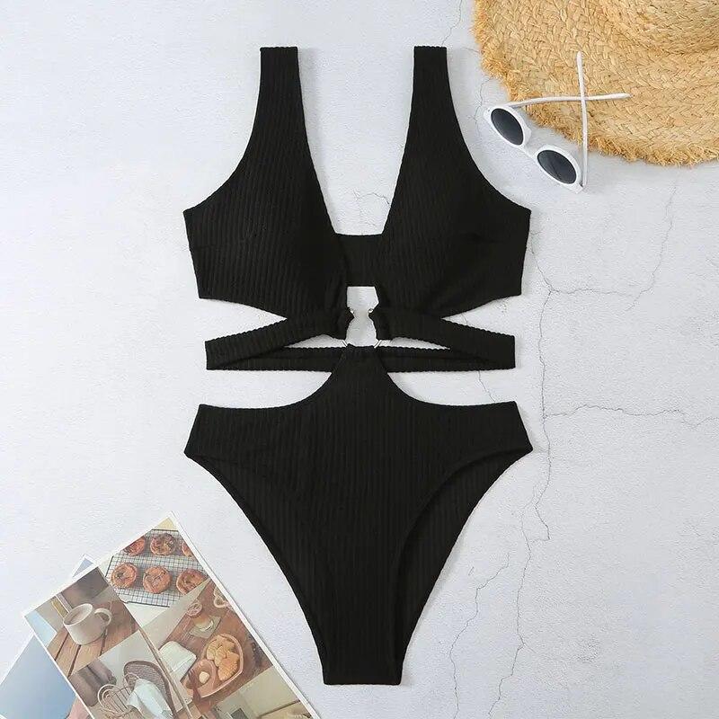 Women'S Sexy  Hollowed Out Bikini Solid Color One Piece Swimsuit Fashion Party Club Beach Push Up Bikinis Swimwea