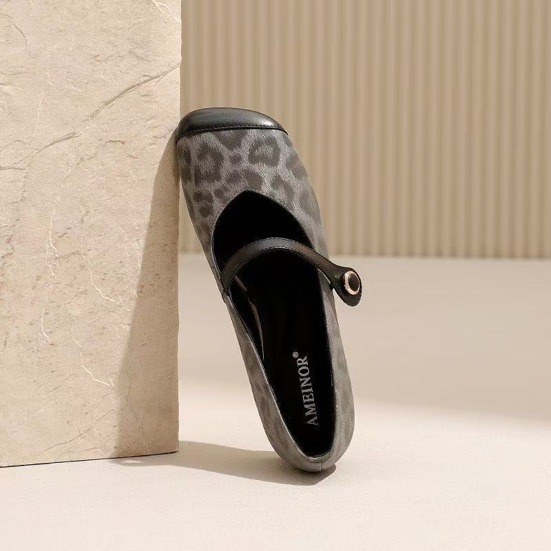 Inner Height Increase Spring and Summer Retro Suede Leopard Print Square Head Flat Sole Single Shoes Versatile Soft Sole Word with Mary Jane Shoes