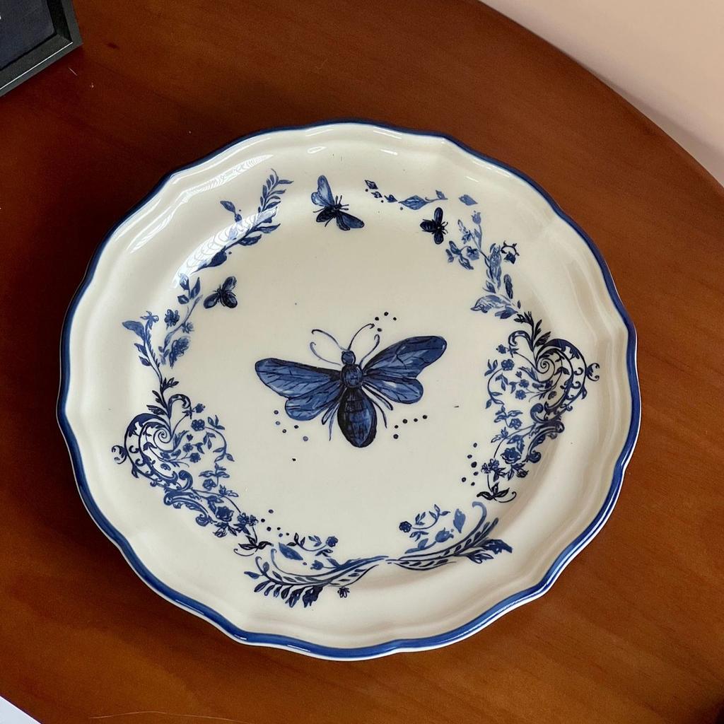 French Blue And White 8-Inch Plate Plate Rice Bowl Coffee Cup Plate Tableware Set Household Gift Tableware Light Luxury Retro