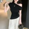 Pure Desire Style Spice Girl Sexy Slanted Shoulder Short-sleeved T-shirt Niche Fashion Design Sense Unique Irregular Top Ins