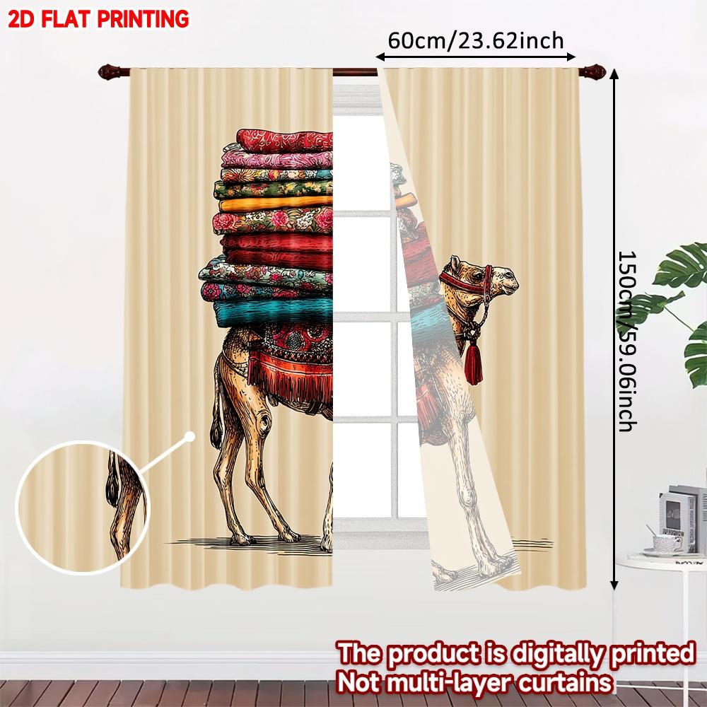 Camel Patterned Blankets Curtains Desert Animal Carrying Colorful Textiles Light Striped Background Living Room Curtain Set Of 2 Made Polyester