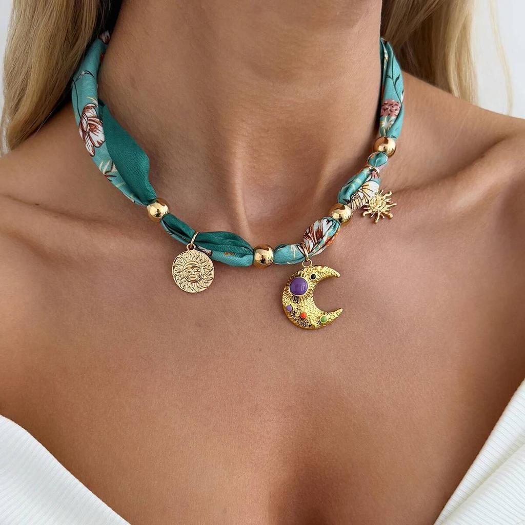 Salircon Unique Creative Blue/Green Scarf Ribbon Chokers Necklace Women Boho Sun Moon Heart Cross Pendant Necklace Jewelry 2026