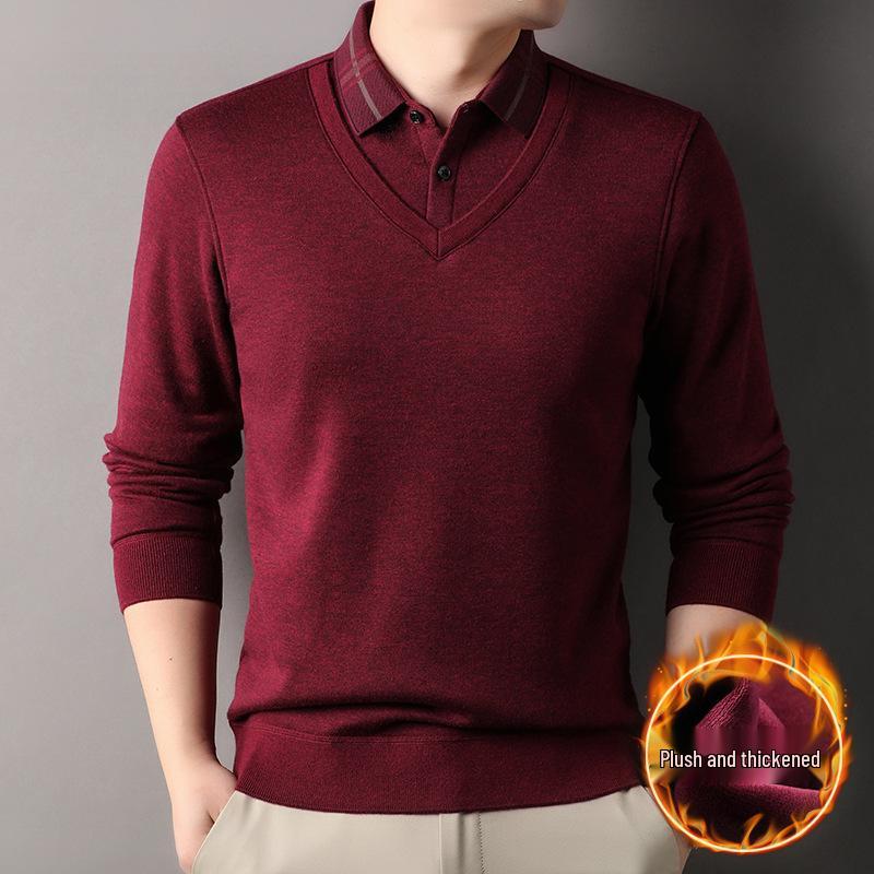 Hengyuanxiang Men s Plush Wool Sweater: Fake Two-Piece, 550g, Thick, Warm Winter Knit XXXL/56 (~170-190 lbs)