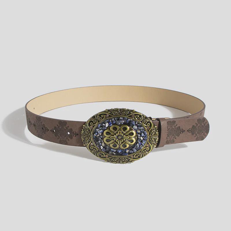 "European and American Women's Retro Turquoise Embossed Belt - Western Style Fashion Accessory"