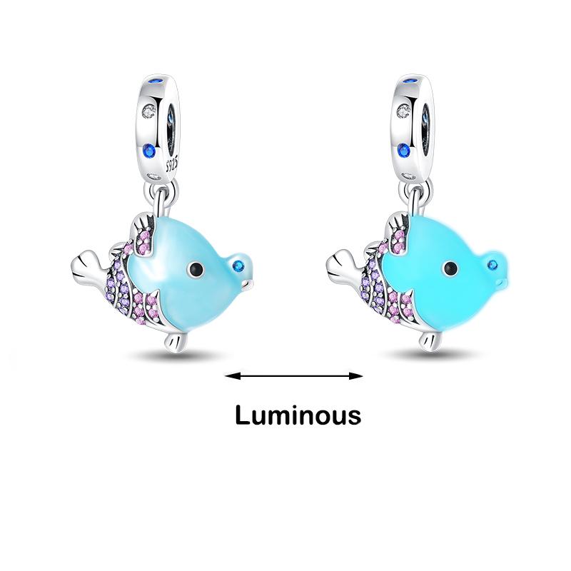 Abalorios luminosos de plata de ley 925 auténtica con forma de ballena, pulpo, concha marina, color azul, aptos para pulseras originales 925, joyería fina DIY