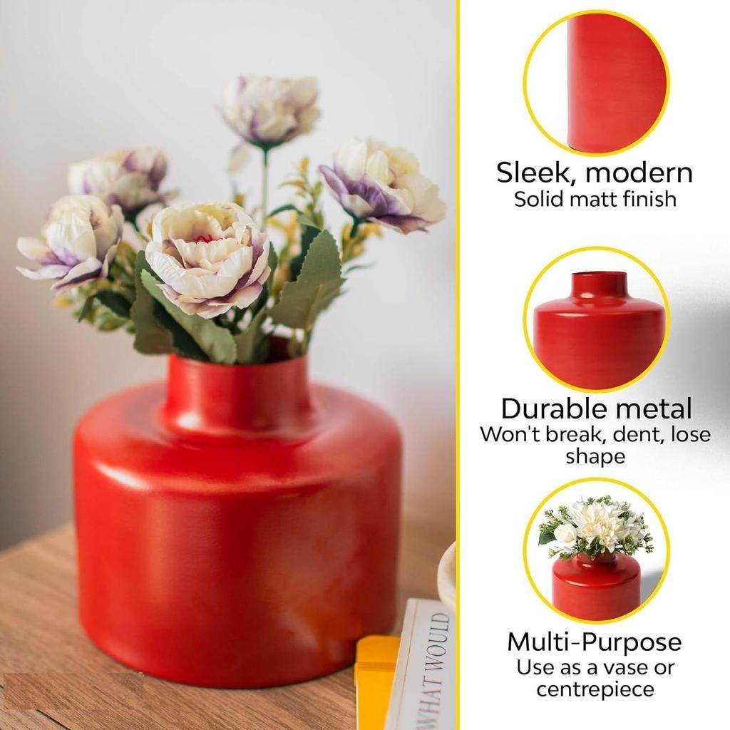 Chameli Röd Metallvas | Elegant Blomvas för Heminredning | Estetisk Hållbar Metallblomkruka för Vardagsrum,
