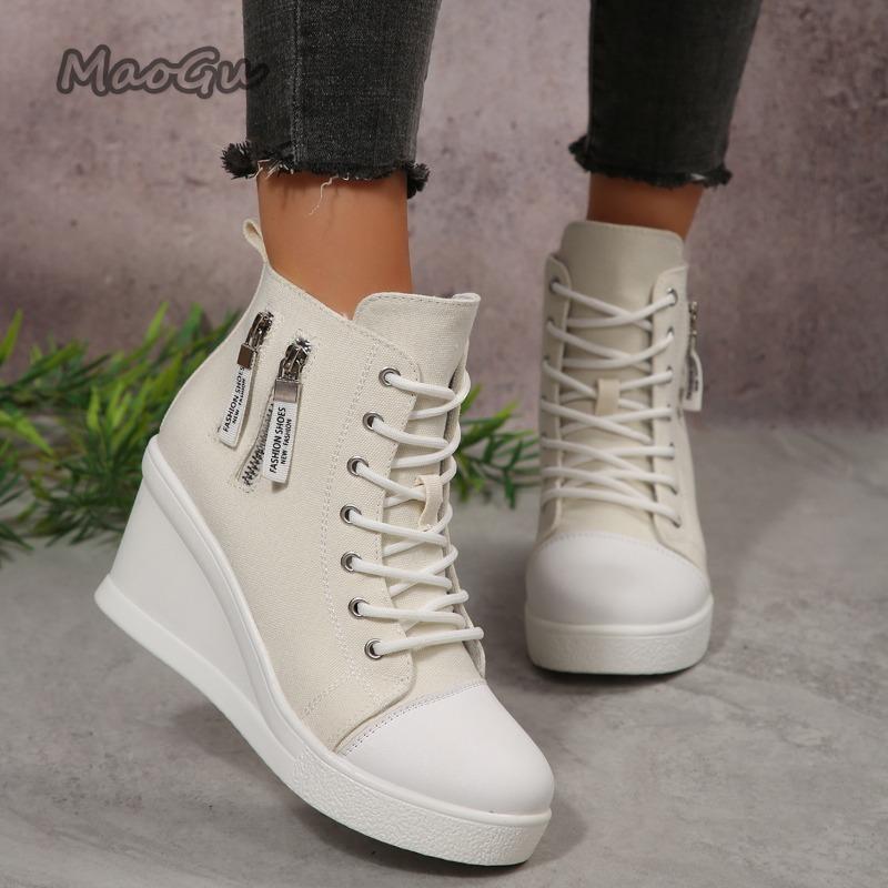 Fashion Canvas Shoes for Women Height Increase Season's Thick Soled Casual Ankle Boots Versatile Women Heeled Sneakers Ladies Shoes