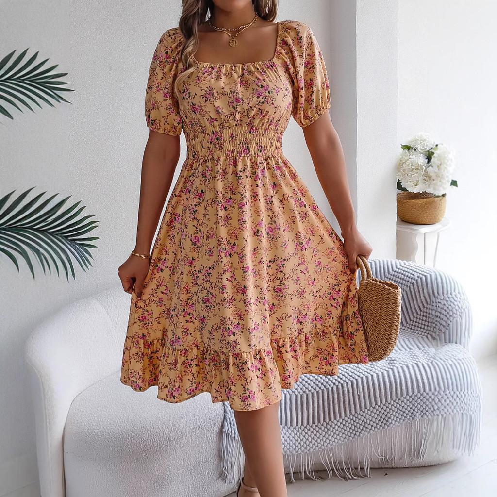 Euro Sommer Florales A-Linien-Kleid mit Rüschensaum für Freizeitkleidung