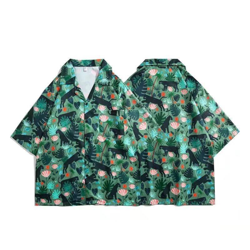 

Летняя мужская мода Гавайская рубашка с кубинским воротником в корейском стиле с коротким рукавом Пляжные рубашки с цветочным принтом Зеленые