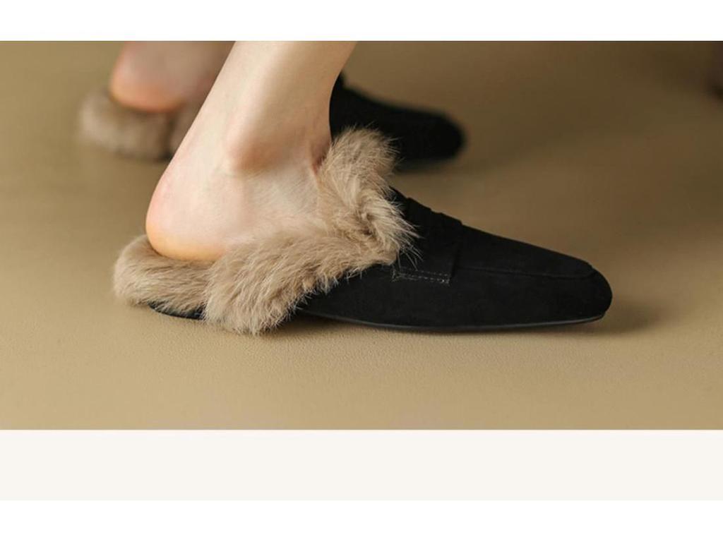 Women's 2025 Autumn/Winter Flat Suede Velvet Furry Mule Slippers