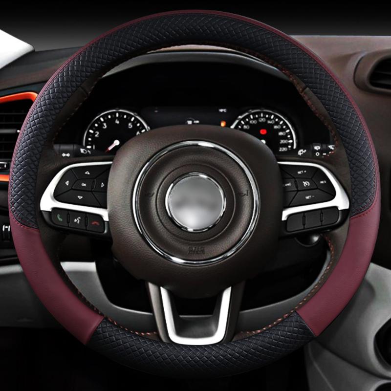 

Leather Car Steering wheel Cover Anti-slip for Jeep Renegade Auto interior Accessories Interior details вина червоного кольору