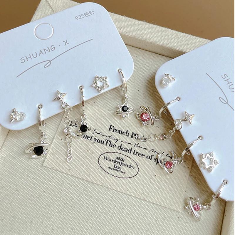 6PCS Y2K Punk Crystal Star Moon Pendant Earring Set For Women Girl Men Gothic Vintage Aesthetic Grunge Jewelry Ear Accessories