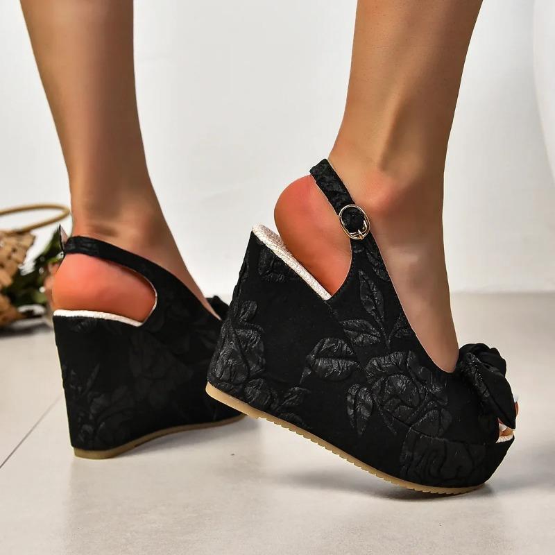 Fashion Slope Heel Sandals Female 2025 Summer New Bow Embroidery High-heeled Fish Mouth Shoes Thick Bottom Fashion Versatile Women Shoes