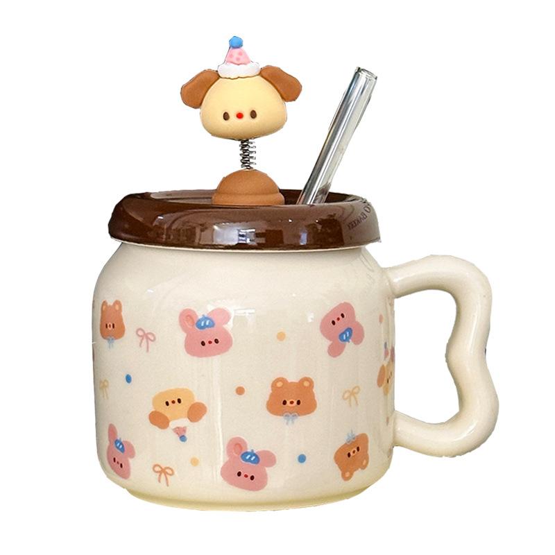 Creative Design Spring Puppy Ceramic Mug with Lid Cute Household Milk Oatmeal Cup Cartoon Cup Souvenir