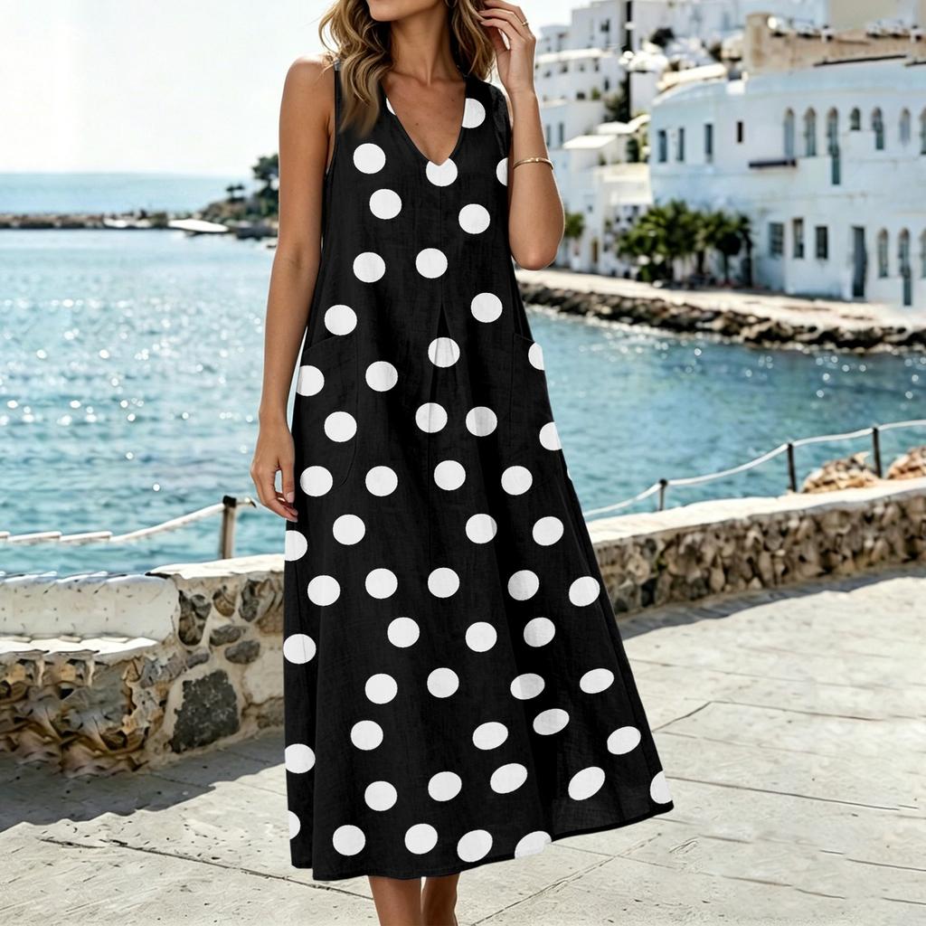 Sleeveless V Neck Dress with Side Pockets and Side Slits Polka Dot Pattern Cotton Linen Blend Casual Midi Dress for Women