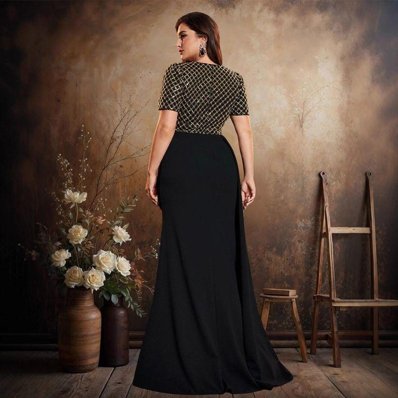 European and American Amazon Plus-Size Sequin Embroidered Patchwork V-Neck Short-Sleeve Elegant Evening Party Ball Gown Dress