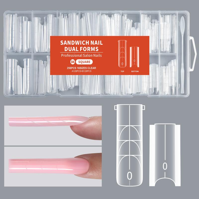 [JN] 256pcs Sandwich Dual Nail Form For Nail Extension Almond Coffin 16 Size Reusable Top Bottom Form Nail Art Extension Tool