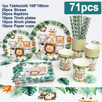 71pcs Jungle Safari Birthday Decorations Animal Disposable Tableware Forest Woodland Baby Shower Supplies