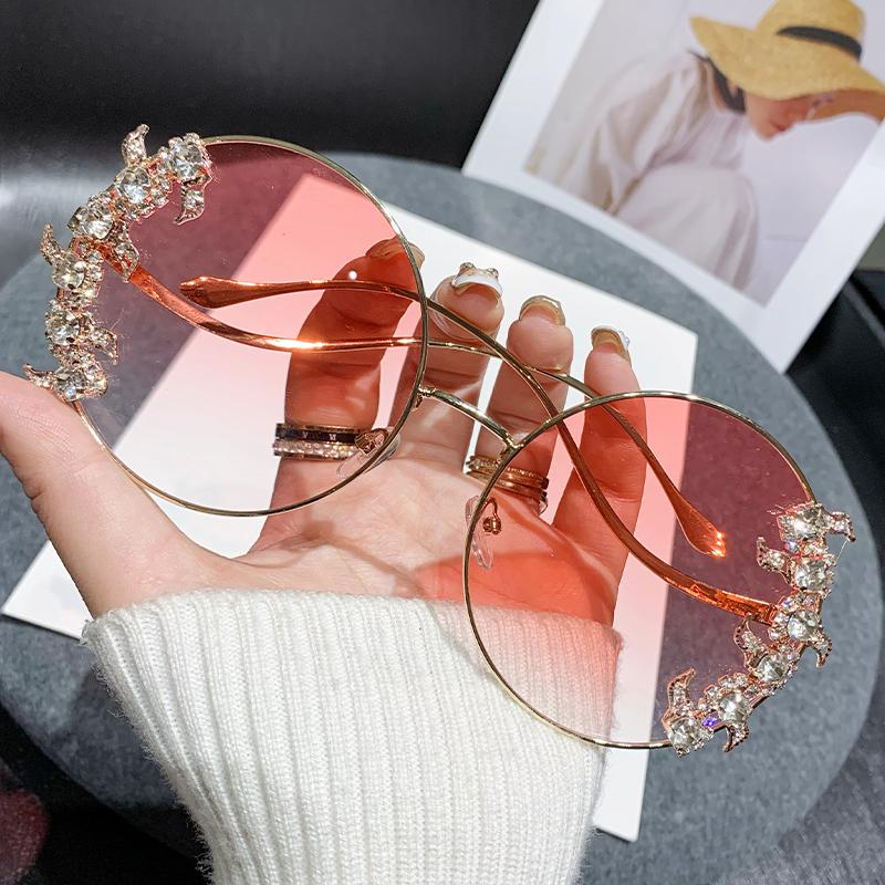 New Rimless Cut Edge Diamond Sunglasses Fashion Round Rhinestone Sunglasses Wave Design Mirror Leg Glasses