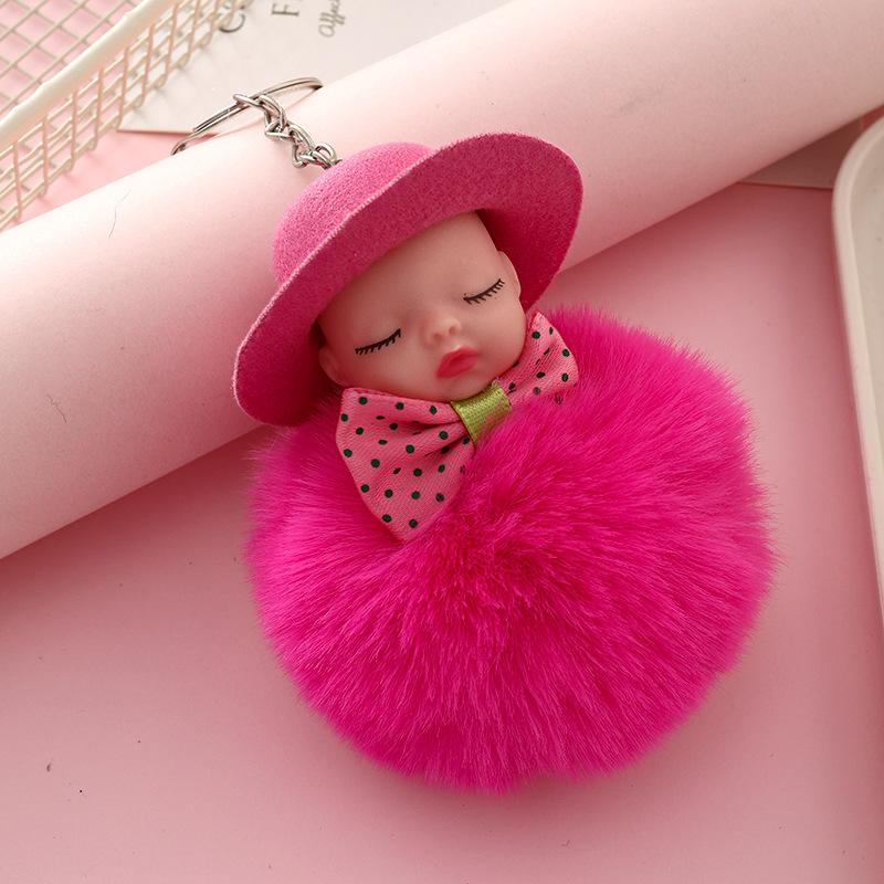 Sleeping Doll Keychain with Hat & Bow, Plush Fur Ball Ornament