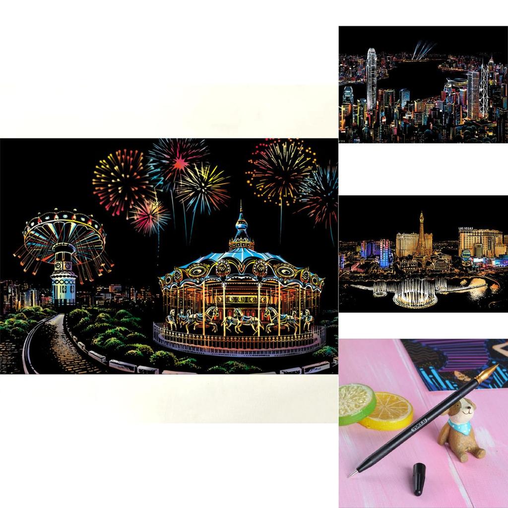 Tablero de Papel para Pintar Paisaje Nocturno con Arte Mágico Rasca Premium Para Actividades Educativas Atractivas