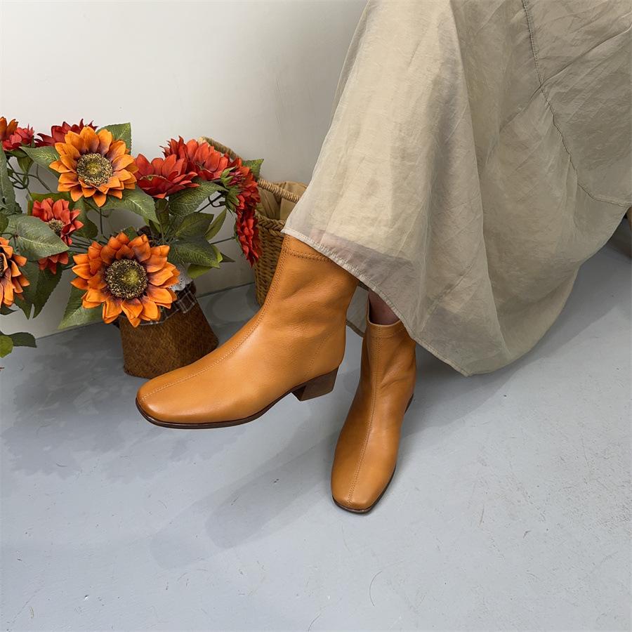 Johnature Genuine Leather Retro Thick Heel Mid-calf Boots Square Toe Versatile Women's Shoes