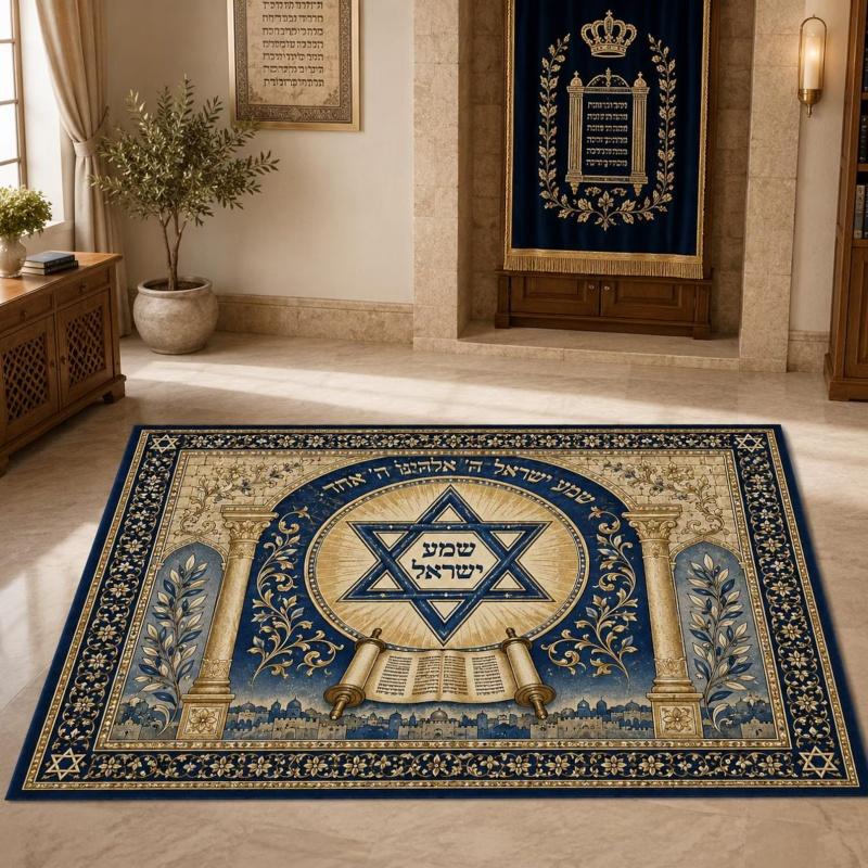 Golden Nine Candles Menorah Star David Floral Vine Vintage Floral Border Navy Soft Non Slip Floor Rug Jewish Hanukkah Religious Home Decor Carpet 40x60cm( 15x23in )