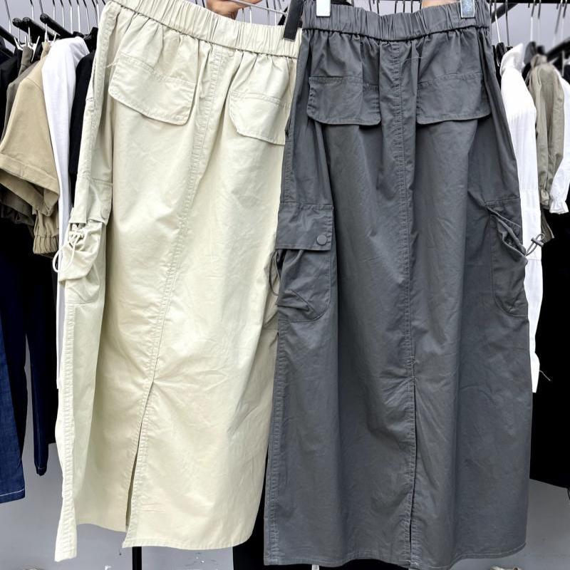 Women's Summer American Vintage Split High-Waist Drawstring Y2K Utility Midi Skirt - Niche Streetwear for Spicy Girls