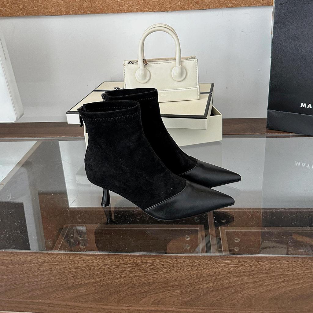 2025 new pointed high heel suede splicing zipper low tube thin fashion Chelsea Martin boots women