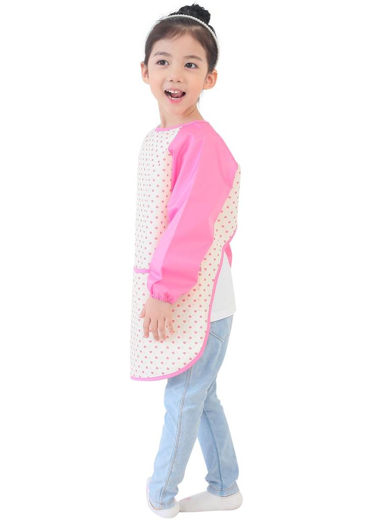 Wasserdichte Kinder-Schürze, Langarm-Schürze, Süßes Design für Mittagessen, Malen, Kindergarten und Vorschule, für Jungen und Mädchen, Alter 1-10, Rosa Herzpunkt
