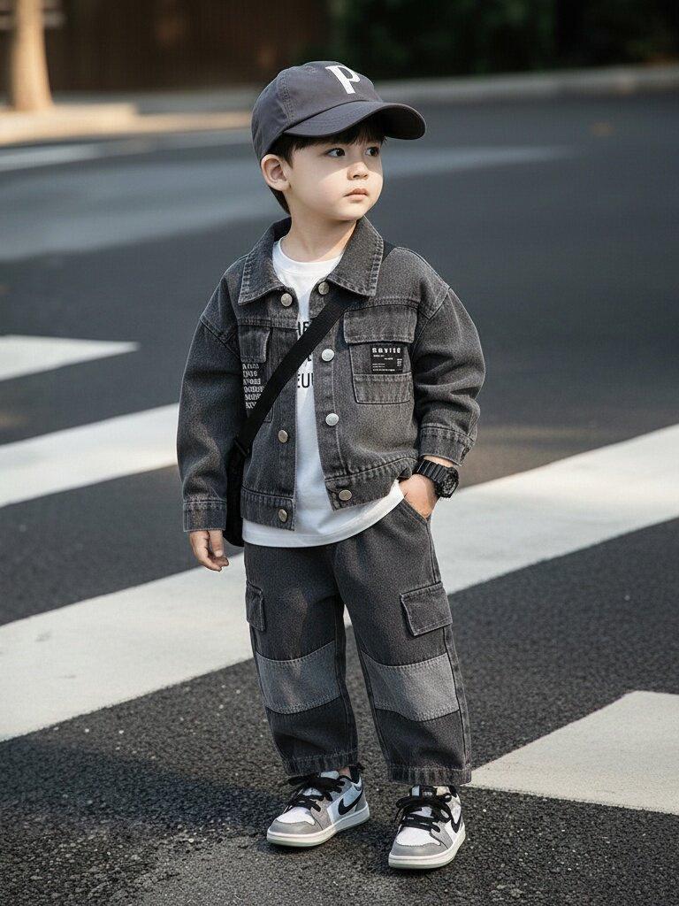 Set di tre pezzi alla moda in denim con cappuccio per bambini: Elegante Outfit Primavera/Autunno per Neonati Maschi 2026