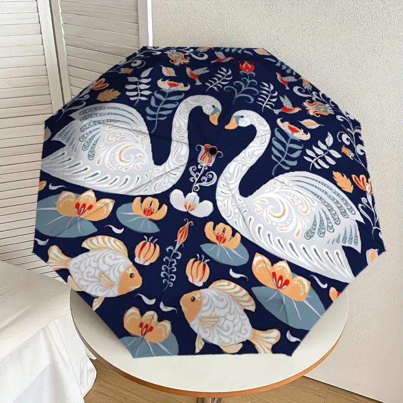 

1pc Swans, Flowers, Birds, Fishes, Circular Pattern Umbrella with Plastic Handle,Suitable for All Seasons Home Travel Outdoor UmbrellaDD900