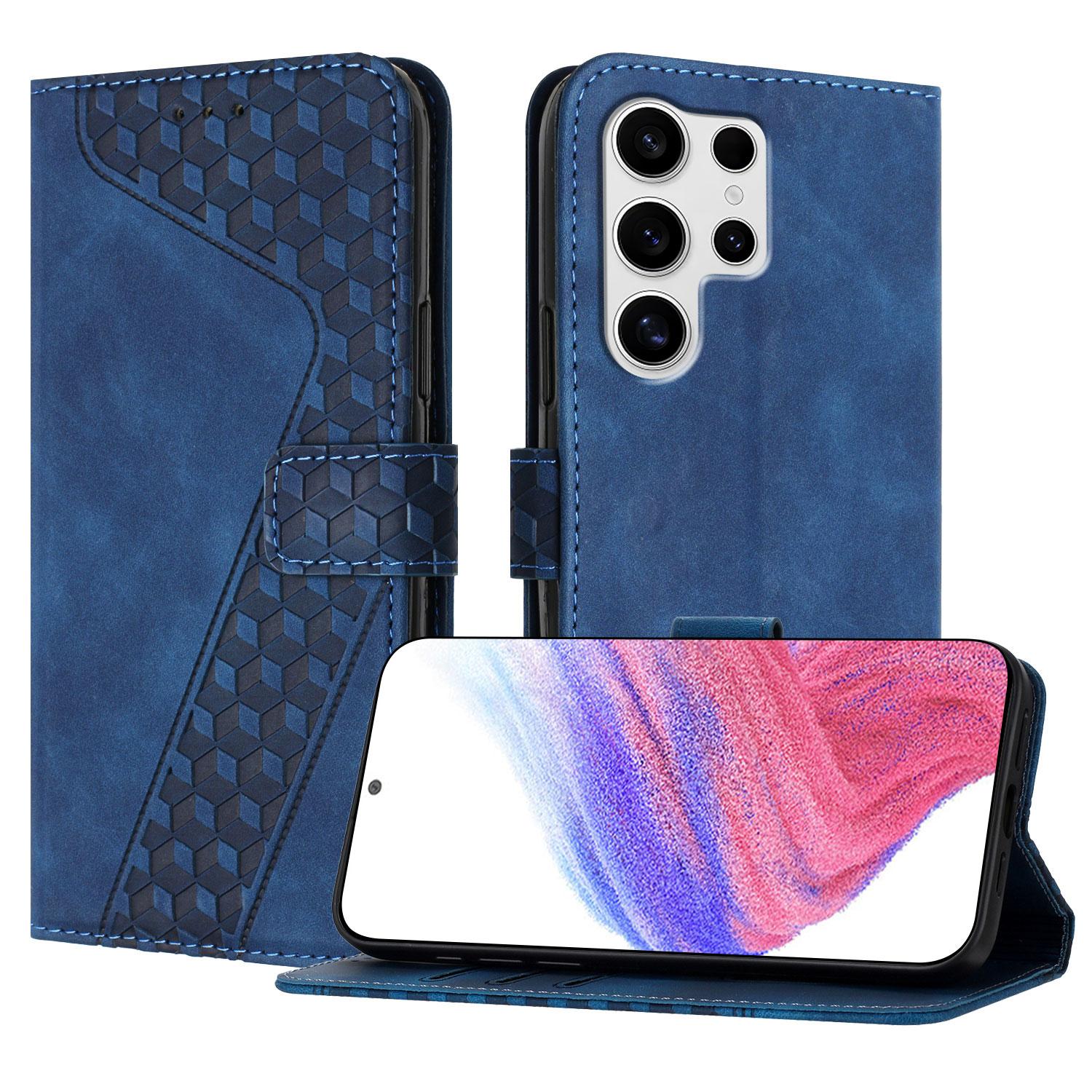 

Для Samsung Galaxy S25 Ultra Кожаный чехол с 7-образным узором, кошелек-подставка, противоударный чехол для телефона Blue