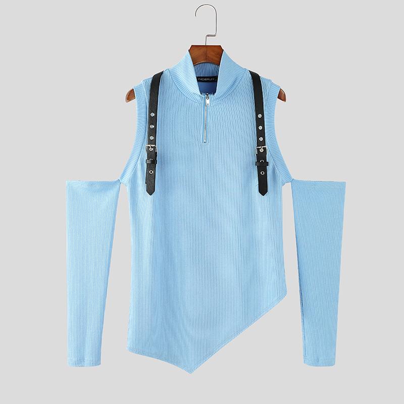 INCERUN Maglietta casual attillata irregolare con collo alto e spalle scoperte da uomo, con cerniera