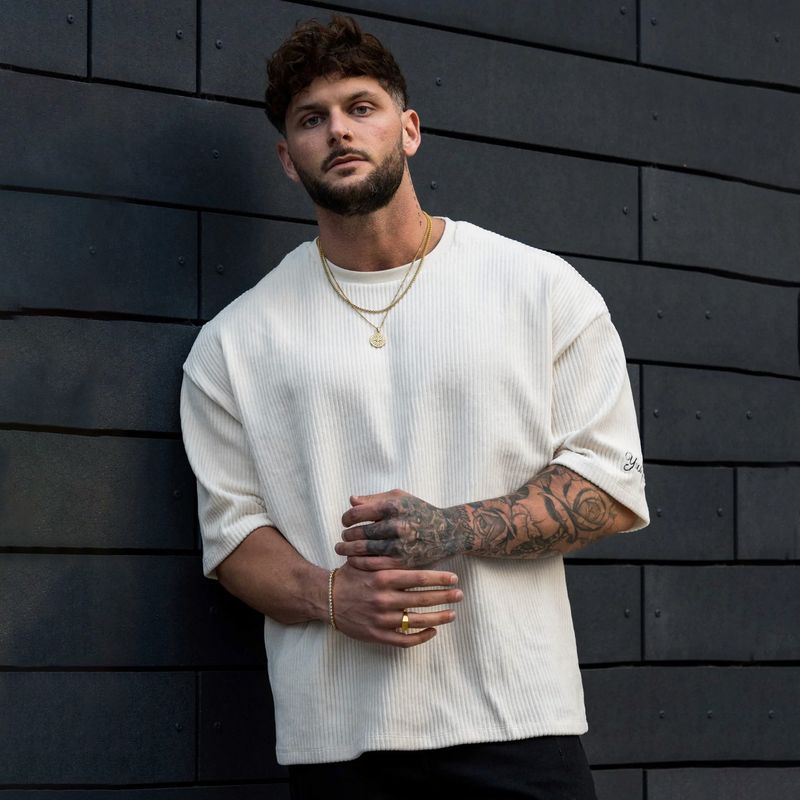 Fashion Men Fitness Short Sleeve Loose-Fitting Casual round-Neck Stripes Plus Size T-shirt Heavy Weight Breathable Fashion Muscle Half Sleeve