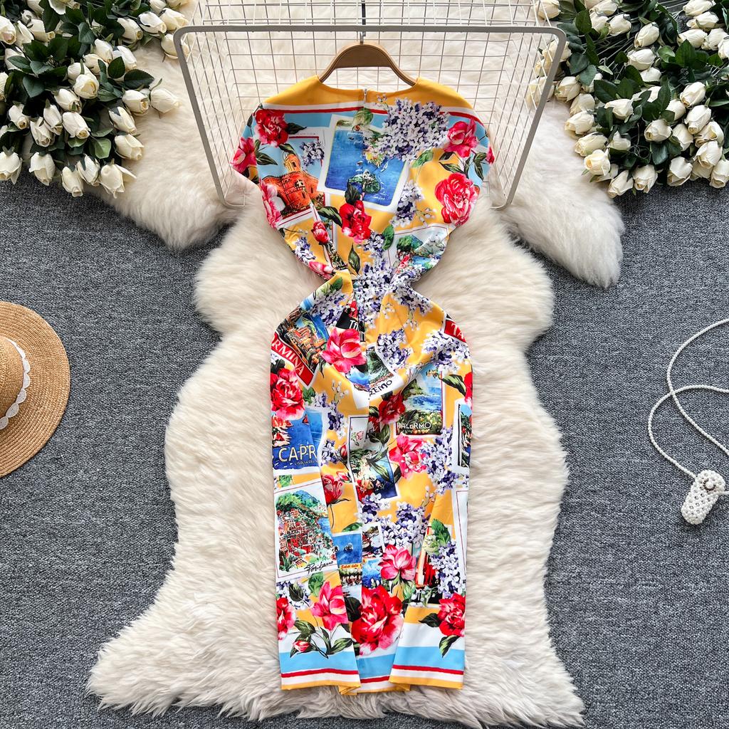 Summer Women Designer Vintage Print Rose Runway Dress Short Sleeve Office Party Slim Bodycon Pencil Dresses
