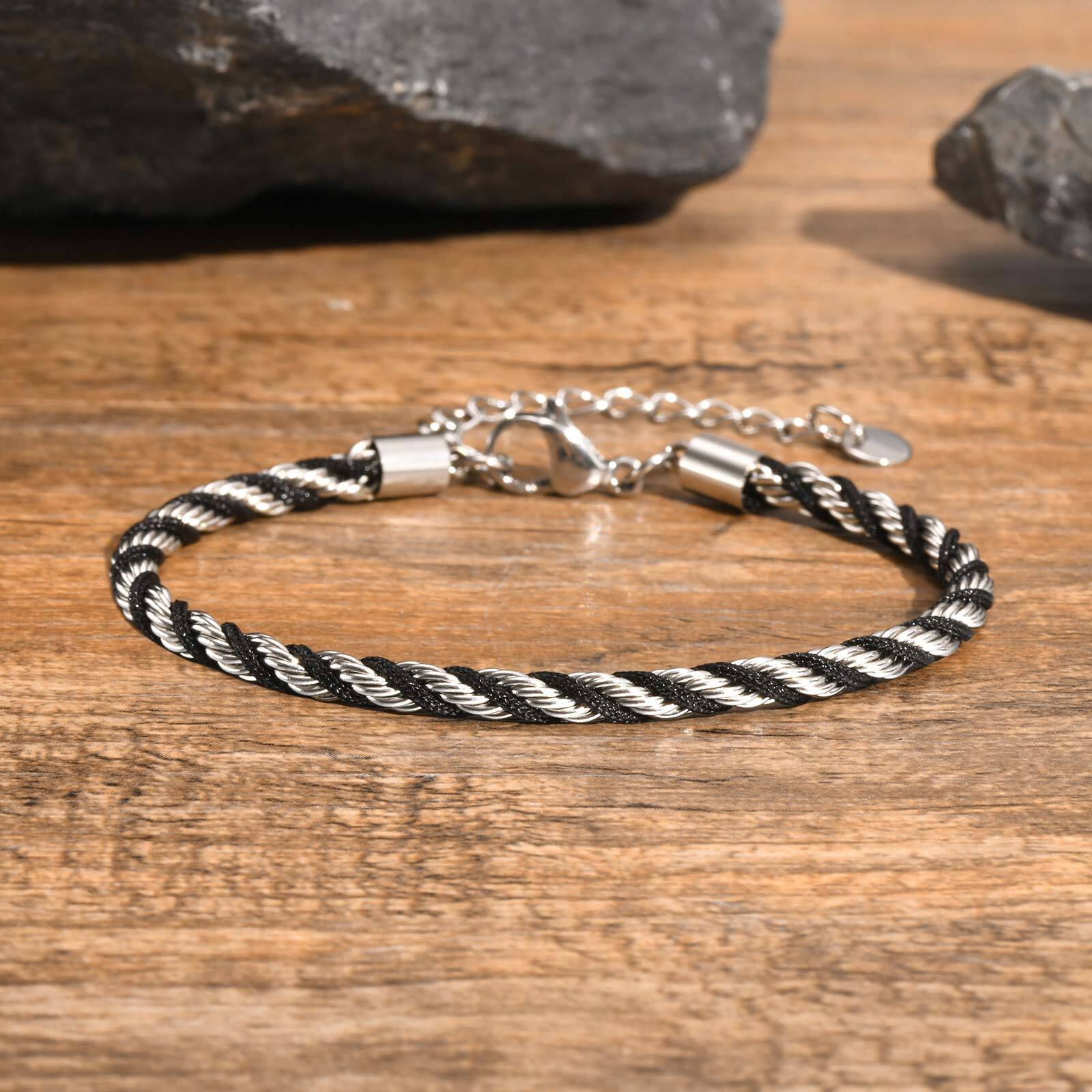 Vnox Personality Twisted Rope Chain Box Links Bracelet for Men Women,Black Silver Color Stainless Steel Singapore Chain Bracelet