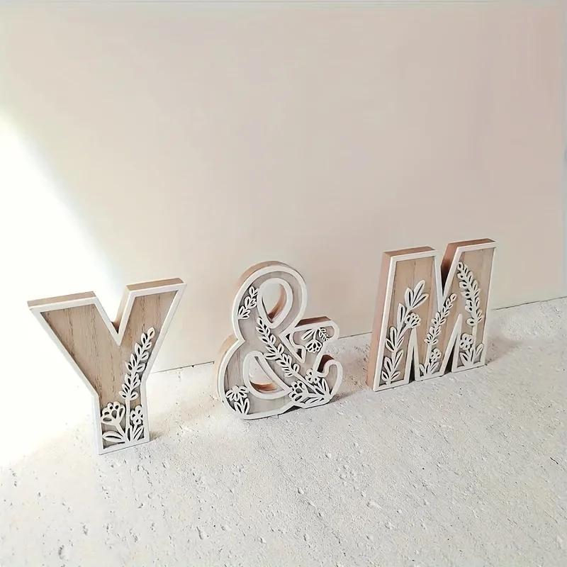 26pcs Wooden Alphabet Letters Wall Decor Set, Engraved Floral Pattern, Home Craft Ornaments, Elegant Display for Living Room